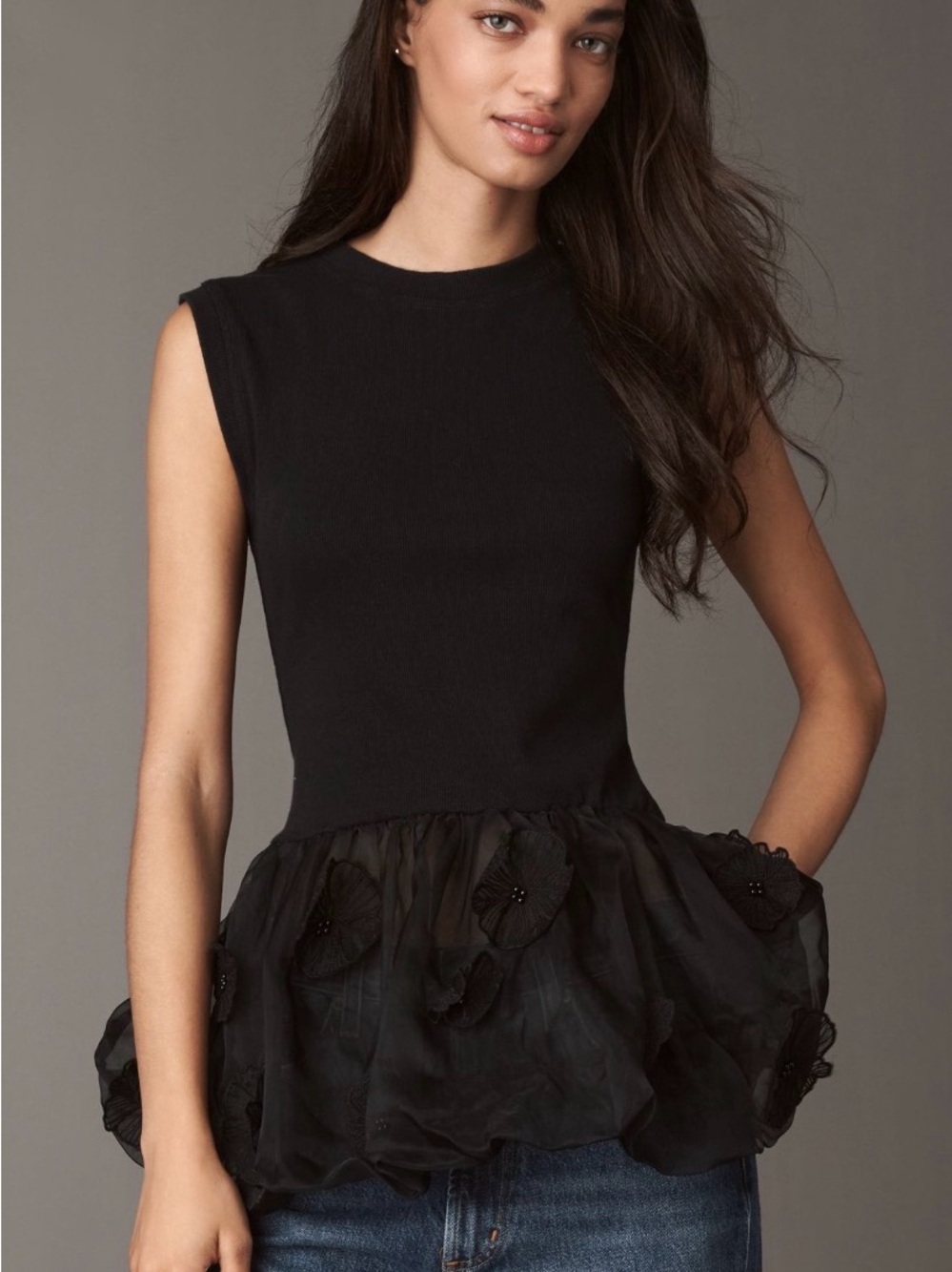 By Anthropologie 3D Floral Peplum Top - Size S - Black